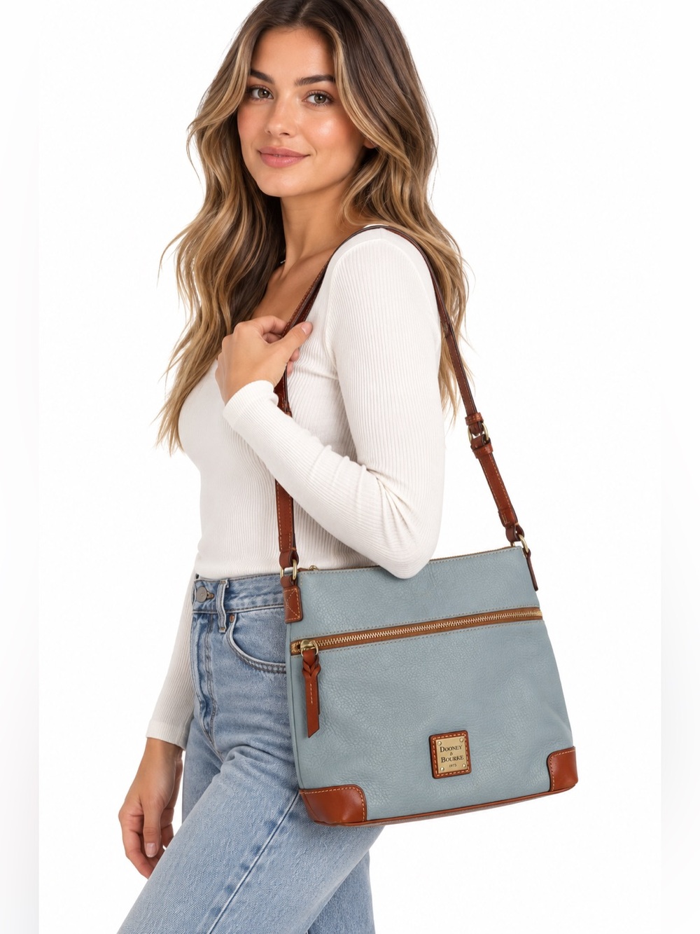 Dooney & Bourke Sky Blue Pebble Leather Crossbody Bag British Tan